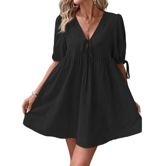 Womens Summer Casual Short Sleeve Dresses A Line Bow-Knot Tie Front Babydoll Loose Cute Mini Dress Black XL