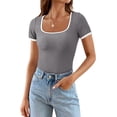 thumbnail image 1 of Womens Summer Casual Short Sleeve Ribbed Knit Square Neck Color Block Slim Fit Basic Crop Tops, 1 of 9