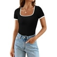 thumbnail image 1 of Womens Summer Casual Short Sleeve Ribbed Knit Square Neck Color Block Slim Fit Basic Crop Tops, 1 of 9