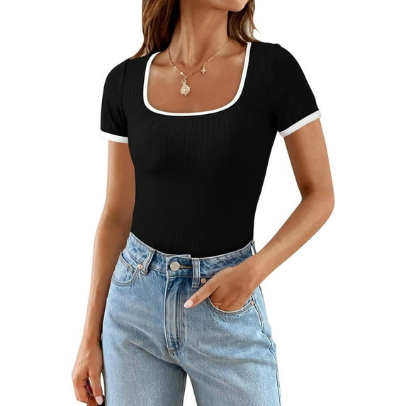Womens Summer Casual Short Sleeve Ribbed Knit Square Neck Color Block Slim Fit Basic Crop Tops