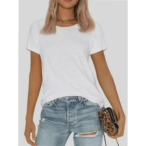 Womens Summer Casual Short Sleeve Tunics Tops Crew Neck Blouses Dressy Basic Shirts