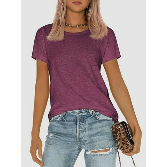 Womens Summer Casual Short Sleeve Tunics Tops Crew Neck Blouses Dressy Basic Shirts