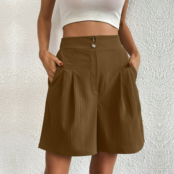 Womens Summer Casual Shorts High Waisted Wide Leg Pants with Button Detail Solid Color Outdoor Hiking Shorts for Travel Lounge Wear and Daily Comfort