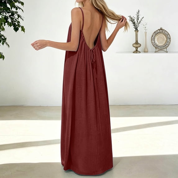Womens Summer Casual Sleeveless Backless Cami Sundress, Summer Casual Lounge Open Back House Dress Beach Vacation Sundress with Back Tie(Brick Red,L)