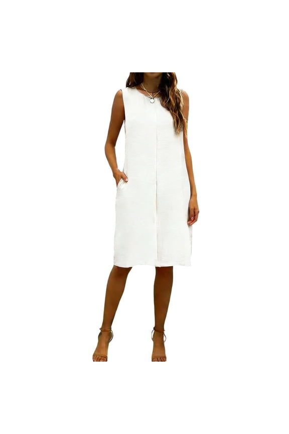 Womens Summer Casual Sleeveless Cotton Sun Dress Solid Color Loose Fit Midi Tunic Tank Beach Dress with Pocket