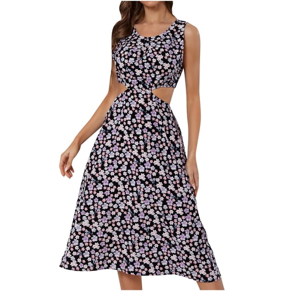 Womens Summer Casual Sleeveless Crewneck Swing Sundress Long Beach Dresses Floral Sexy Cutout Flowy Swing Midi Dress
