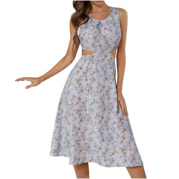 Womens Summer Casual Sleeveless Crewneck Swing Sundress Long Beach Dresses Floral Sexy Cutout Flowy Swing Midi Dress