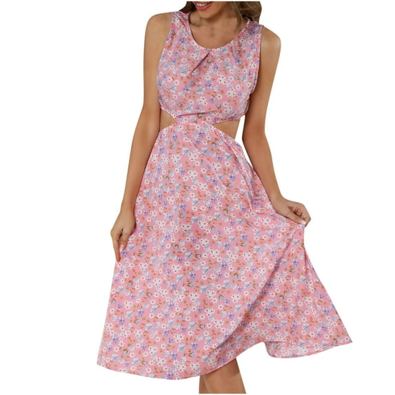 Womens Summer Casual Sleeveless Crewneck Swing Sundress Long Beach Dresses Floral Sexy Cutout Flowy Swing Midi Dress