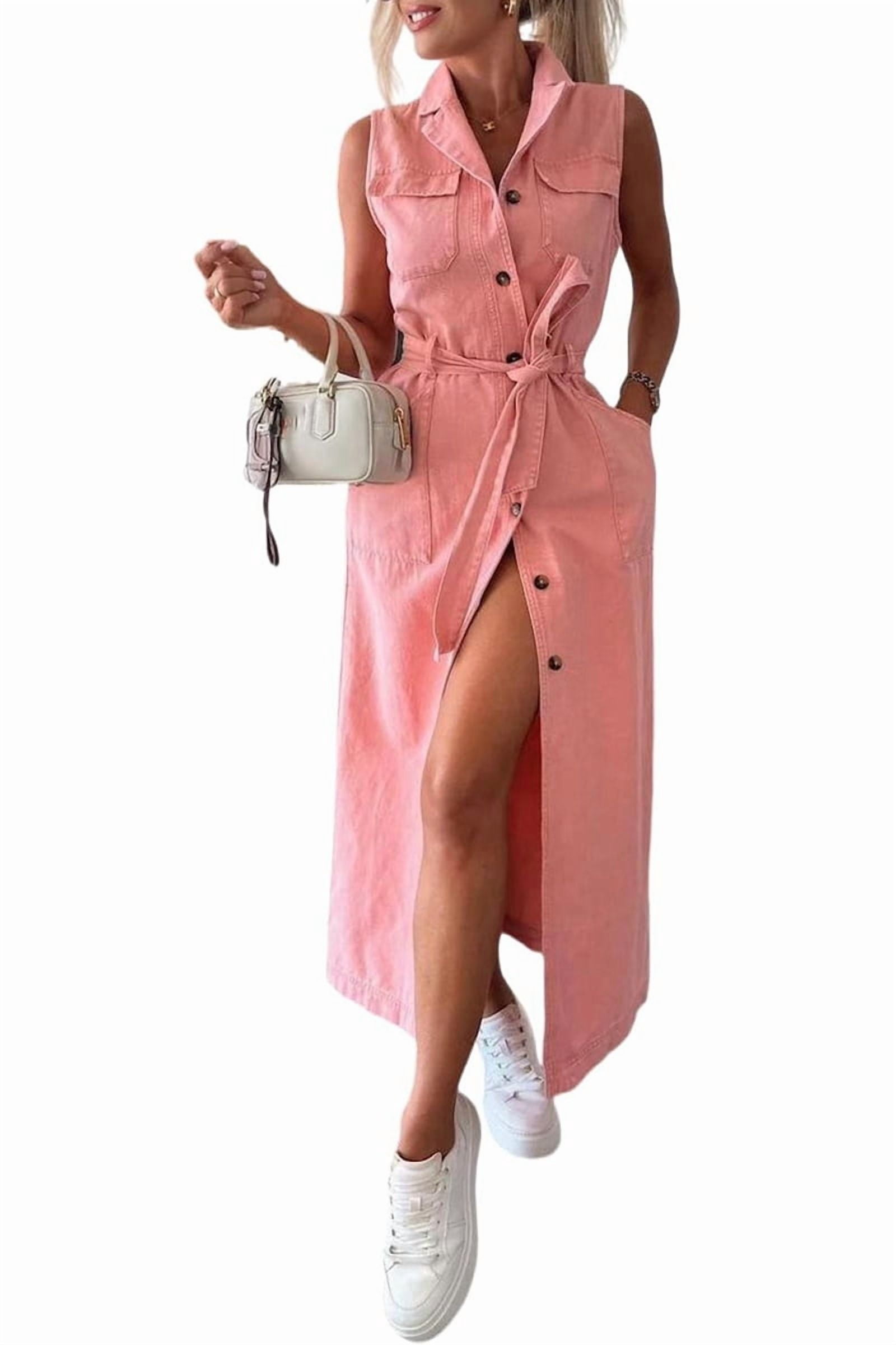 Womens Summer Casual Sleeveless Denim Shirt Dress Lapel Button Down Belted  Jean Long Dresses Pink M - Walmart.com