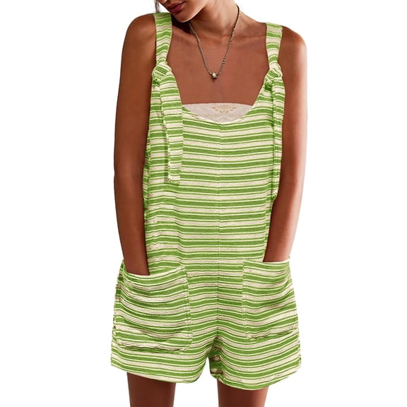 Womens Summer Casual Sleeveless Romper Loose Striped Tied Shorts Overalls Jumpsuit with Pockets 2025 Clothes