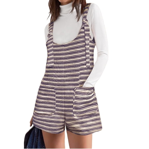 Women Summer Casual Sleeveless Romper Loose Striped Tied Shorts Overalls Jumpsuit with Pockets