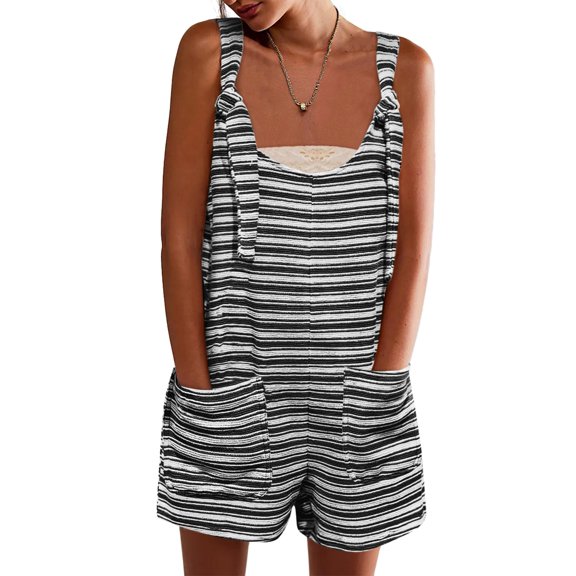 Womens Summer Casual Sleeveless Romper Loose Striped Tied Shorts Overalls Jumpsuit with Pockets 2025 Clothes