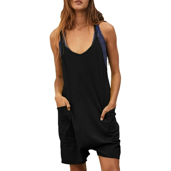 Womens Summer Casual Sleeveless Rompers Loose Spaghetti Strap Shorts Jumpsuit With Pockets