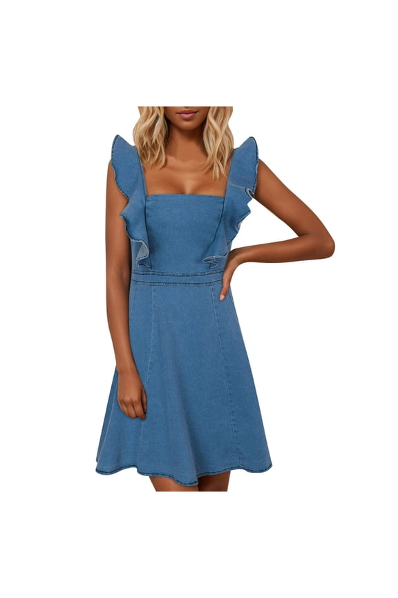 Womens Summer Casual Sleeveless Square Neck Smocked Ruffle Backless Boho Mini Dress 2024 Trendy Short Sundress