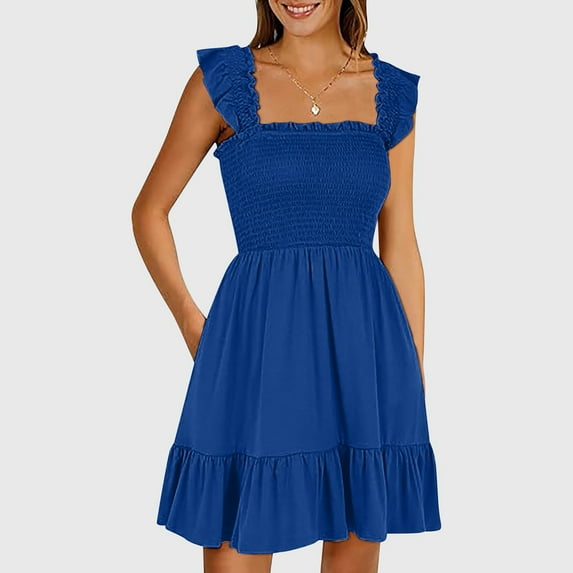 Womens Summer Casual Sleeveless Square Neck Smocked Ruffle Backless Boho Short Mini Dress Women Doll Dress Women's Maxi Dress plus Size Maxi Dresses for Women Womens Work Dresses Business Casual