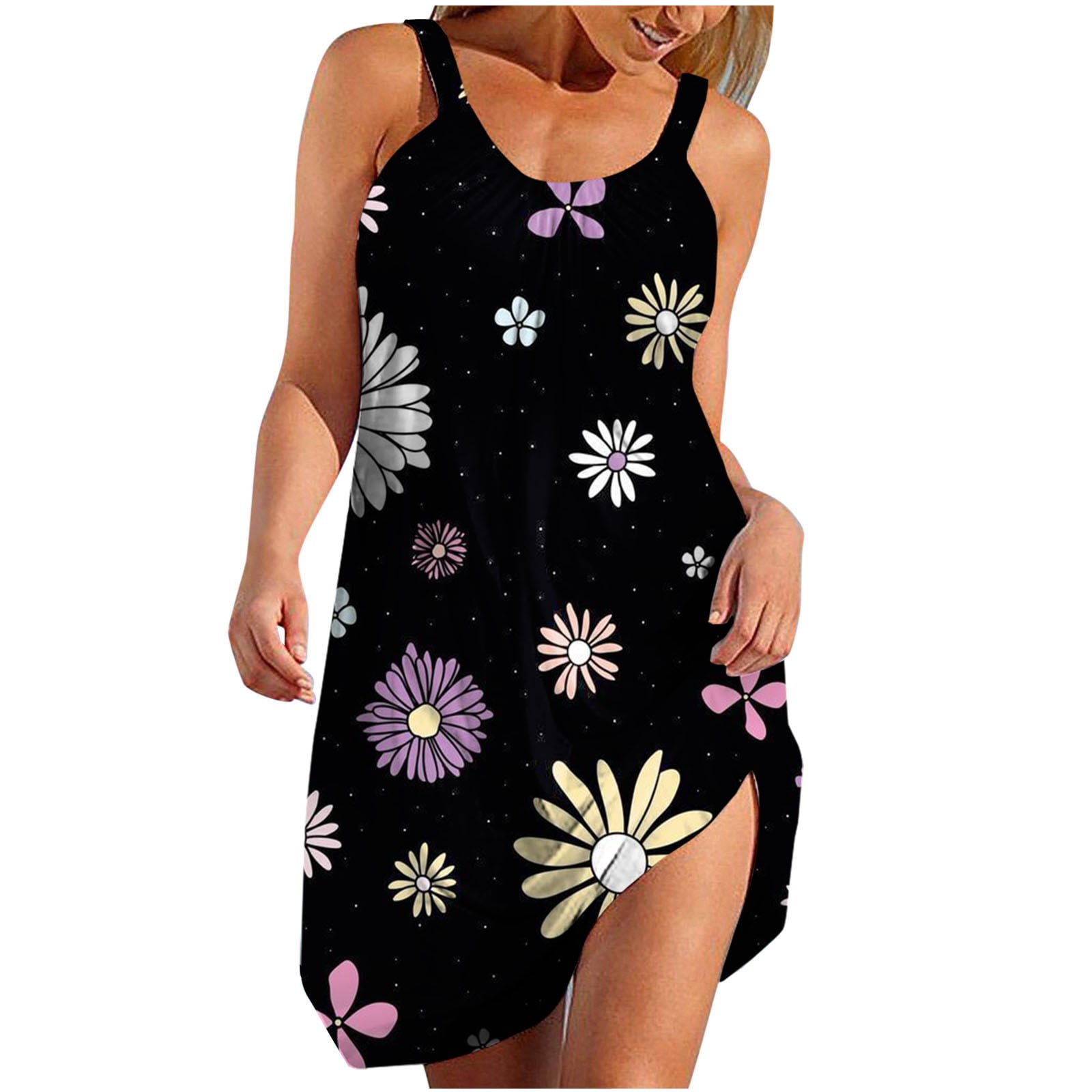 Womens Summer Casual Sleeveless Strappy Floral Midi Dress Round Neck
