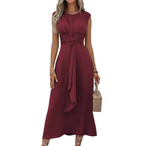 Womens Summer Casual Sleeveless T Shirt Midi Dress Slim Fit Tie Waist Tank Long Dresses 2025 Brown-Red XXL