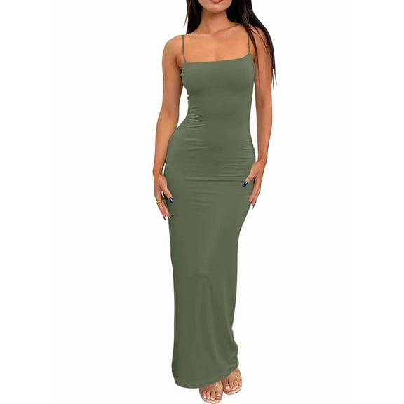 Womens Summer Casual Slip Dresses Spaghetti Strap Bodycon Maxi Dress Green XS