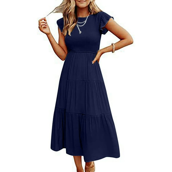 Womens Summer Casual Smocked Long Dress Flutter Ruffle Sleeve Crew Neck Elastic Waist Tiered Swing Midi Dress (Large, Navy)
