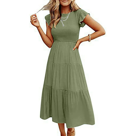 Womens Summer Casual Smocked Long Dress Flutter Ruffle Sleeve Crew Neck Elastic Waist Tiered Swing Midi Dress (Medium, Green)