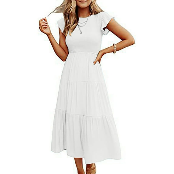 Womens Summer Casual Smocked Long Dress Flutter Ruffle Sleeve Crew Neck Elastic Waist Tiered Swing Midi Dress (Medium, White)