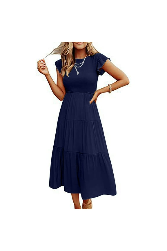 Womens Summer Casual Smocked Long Dress Flutter Ruffle Sleeve Crew Neck Elastic Waist Tiered Swing Midi Dress (Small, Navy)