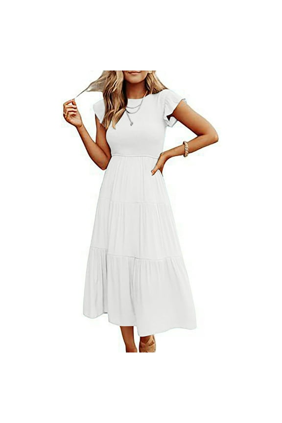 Womens Summer Casual Smocked Long Dress Flutter Ruffle Sleeve Crew Neck Elastic Waist Tiered Swing Midi Dress (Small, White)