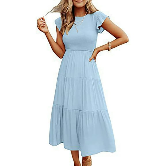 Womens Summer Casual Smocked Long Dress Flutter Ruffle Sleeve Crew Neck Elastic Waist Tiered Swing Midi Dress (X-Large, Blue)