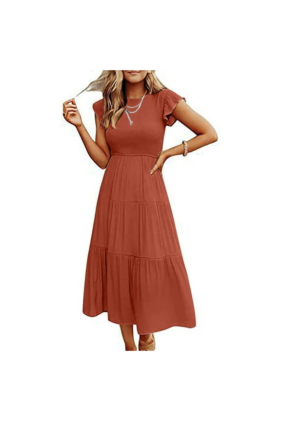 Womens Summer Casual Smocked Long Dress Flutter Ruffle Sleeve Crew Neck Elastic Waist Tiered Swing Midi Dress (X-Large, Orange)