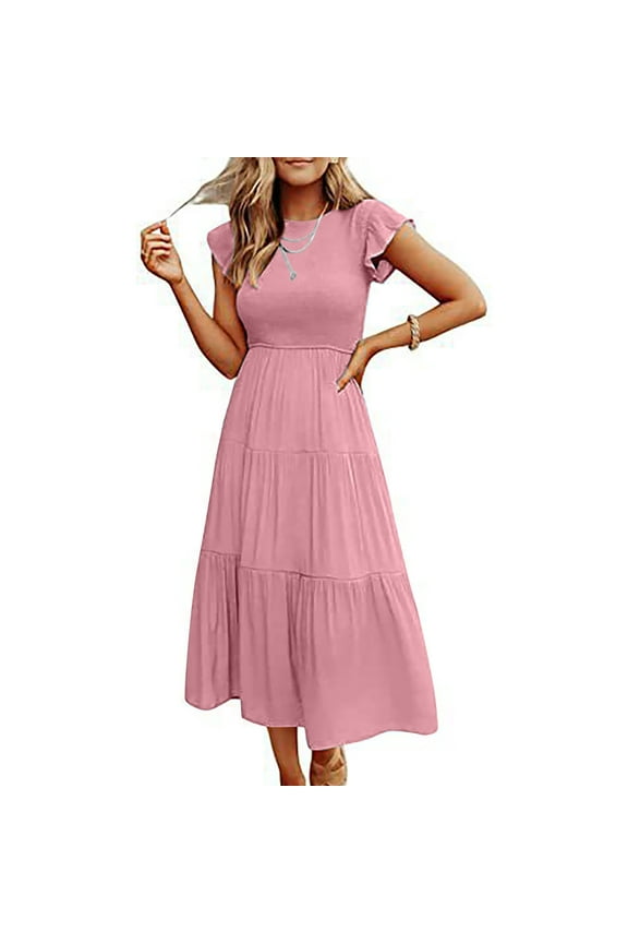 Womens Summer Casual Smocked Long Dress Flutter Ruffle Sleeve Crew Neck Elastic Waist Tiered Swing Midi Dress (X-Large, Pink)