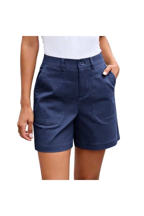 Womens Summer Casual Solid Color Zipper Buttoned High Waisted form-Fitting Stretchy Shorts with Patch Pockets Navy