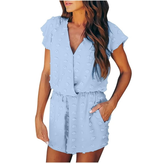 Womens Summer Casual Solid Short Sleeve V-Neck Swiss Dot Short Jumpsuits Elastic Waist Loose Lightweight Shorts Rompers