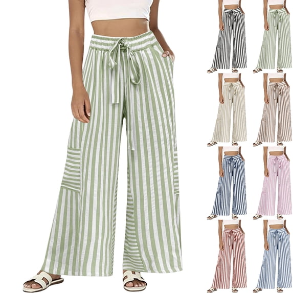 Womens Summer Casual Striped Pants Loose Wide Leg Lounge Pants Elastic Waist Palazzo Trousers with Pockets(Black,M)