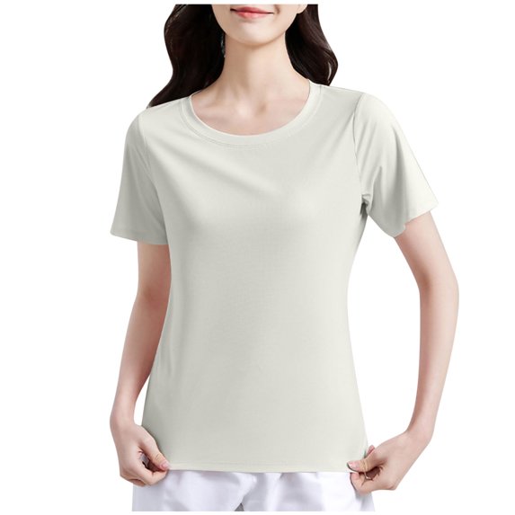 Womens Summer Casual T-Shirts Solid Color Base Tees Round Neck Short Sleeve Moisture Wicking Yoga Tops (2XL, Gray)