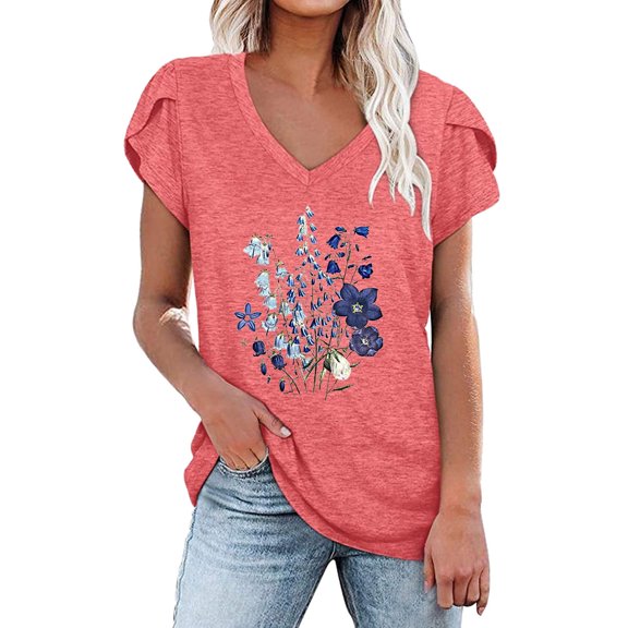Womens Summer Casual T Shirts V Neck Petal Sleeve Short Sleeve Loose Fit Tunic Tops Floral Printed Tees Blouses