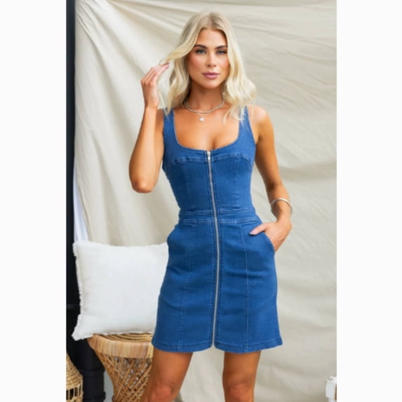 Womens Summer Casual Tank Denim Dress Sleeveless Zipper Front Mini Sexy Jean Dresses with Pockets