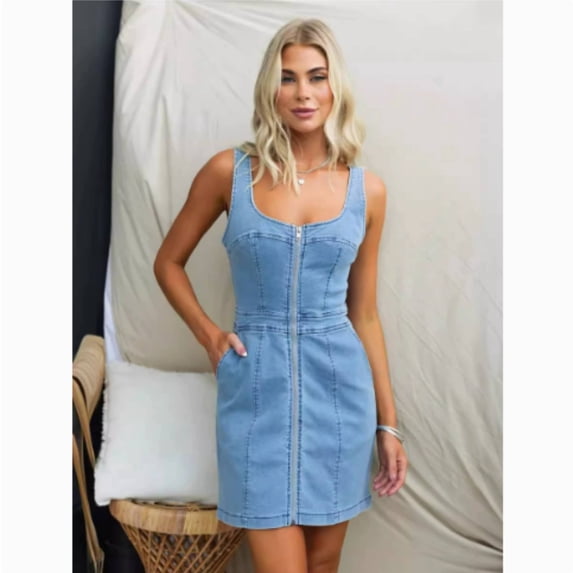 Womens Summer Casual Tank Denim Dress Sleeveless Zipper Front Mini Sexy Jean Dresses with Pockets