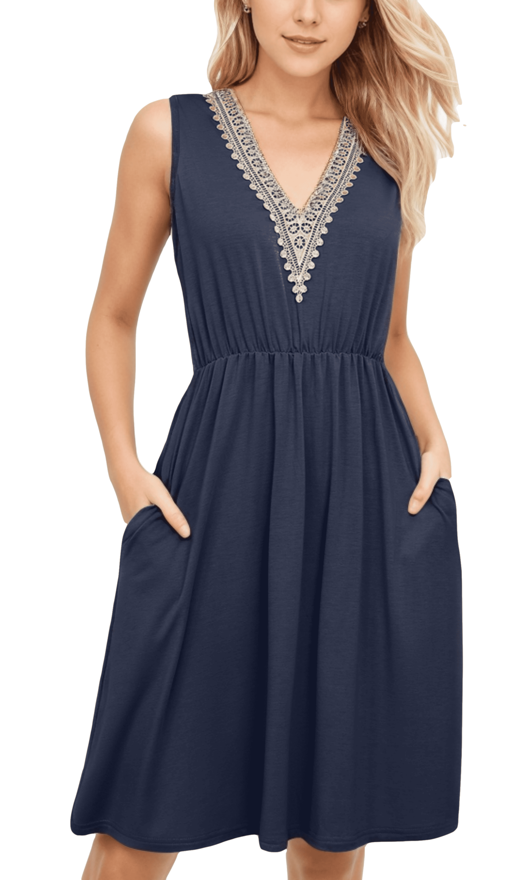 Womens Summer Casual Tank Dress Sleeveless V Neck T Shirt Sundress Solide Color Swing Midi Beach Vacation Dresses (Navy blue,Small)