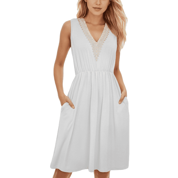 Womens Summer Casual Tank Dress Sleeveless V Neck T Shirt Sundress Solide Color Swing Midi Beach Vacation Dresses (White,Small)