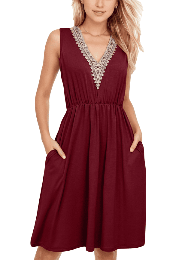 Womens Summer Casual Tank Dress Sleeveless V Neck T Shirt Sundress Solide Color Swing Midi Beach Vacation Dresses (Wine red,X-Large)