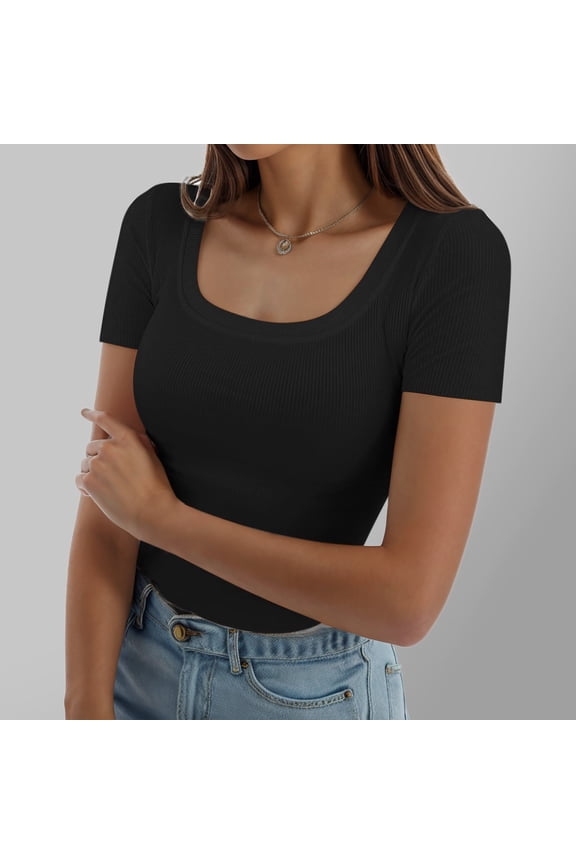 Womens Summer Casual Tops Short Sleeve Ribbed Slim Fitted Shirts Square Neck Comfortable Tee for Everyday Wear