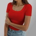 thumbnail image 1 of Women's Summer Short Sleeve T-Shirt Square Neck Ribbed Slim Fit Casual Tee Comfortable Stretchy Soft Fabric, 1 of 4
