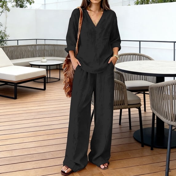 Womens Summer Casual Two Piece Sets V Neck Long Sleeve Tops Wide Leg Pants Casual Travel Lounge Set Track Suits, Beach Outfits(Black,M)