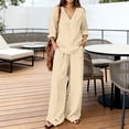 thumbnail image 1 of Womens Summer Casual Two Piece Sets V Neck Long Sleeve Tops Wide Leg Pants Casual Travel Lounge Set Track Suits, Beach Outfits(Khaki,L), 1 of 3