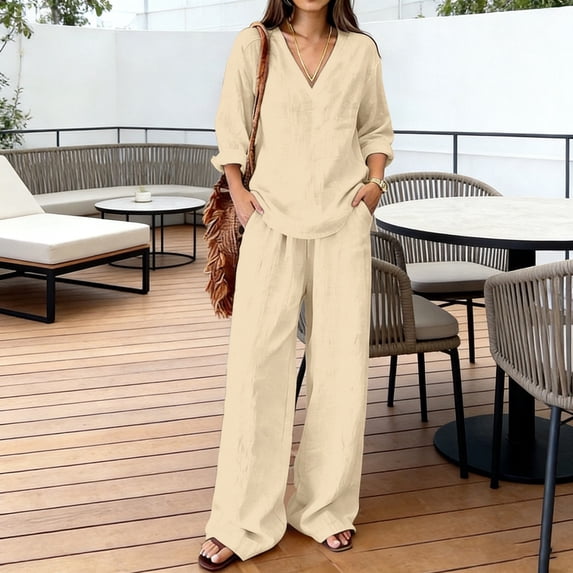 Womens Summer Casual Two Piece Sets V Neck Long Sleeve Tops Wide Leg Pants Casual Travel Lounge Set Track Suits, Beach Outfits(Khaki,L)