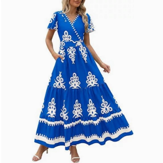 Womens Summer Casual V Neck Boho Maxi Dress Flowy A-line Bell Sleeve Tiered Floral Dresses with Pocket