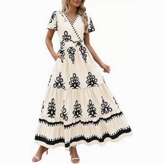 Womens Summer Casual V Neck Boho Maxi Dress Flowy A-line Bell Sleeve Tiered Floral Dresses with Pocket