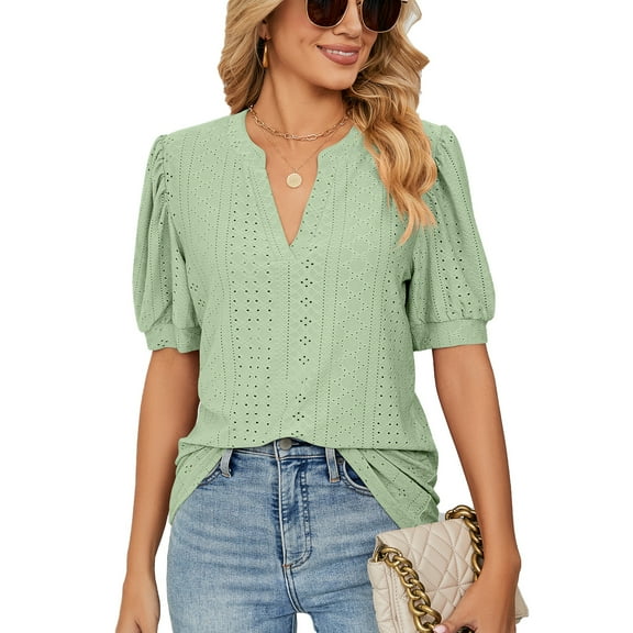 Womens Summer Casual V Neck Tops Shirts Short Sleeve Hollow Out Loose Dressy Work Tee Shirts Blouse