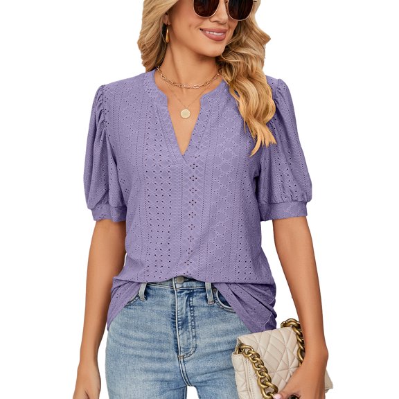 Womens Summer Casual V Neck Tops Shirts Short Sleeve Hollow Out Loose Dressy Work Tee Shirts Blouse