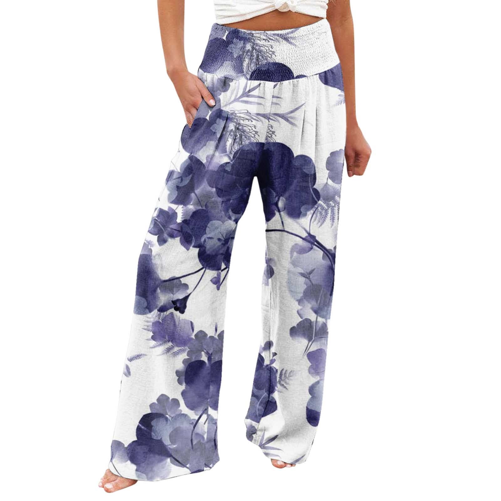 Womens Summer Casual Wide Leg Pants Hawaiian Floral Print Beach Pants